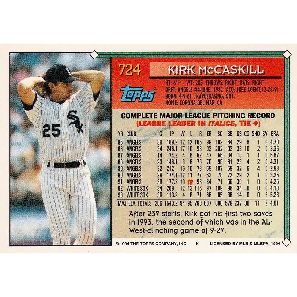 1994 Topps Kirk McCaskill # 724 Chicago White Sox